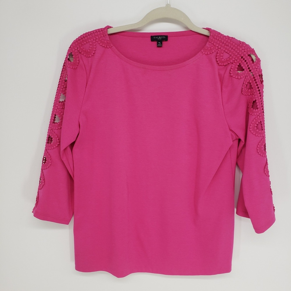 Talbots Crochet Lace Sleeve Top Womens Size MP Pink 3/4 Sleeve Cut Out Detail